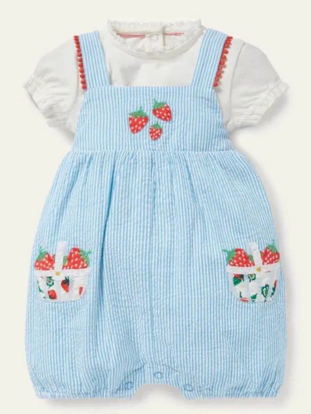 Baby Boden Strawberry Seersucker Bubble Romper, Toddler Girl Mini Red White Blue